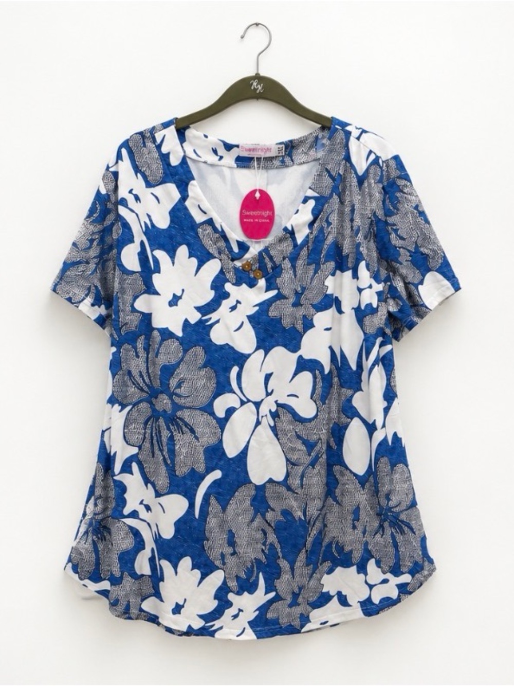 Blue Floral V-Neck Short Sleeve Top